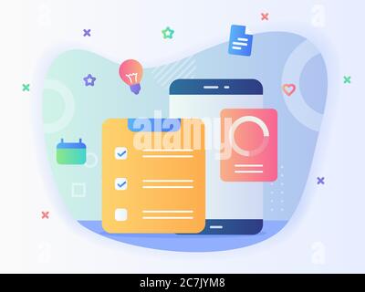 Concept de tâche de liste de tâches terminé vérifier liste calendrier smartphone avec style plat. Illustration de Vecteur