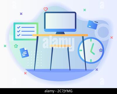 Bureau personnel concept ordinateur chaise de table liste de contrôle d'horloge avec style plat Illustration de Vecteur