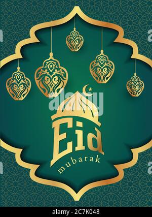 eid mubarak, motif islamique avec texte et motif calligraphiques isolés sur fond vert. Lanterne fleurie suspendue Illustration de Vecteur