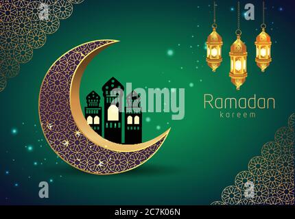 Carte de vœux de Ramadan Kareem avec demi-lune et mosquée sur fond vert. Étoiles suspendues Illustration de Vecteur