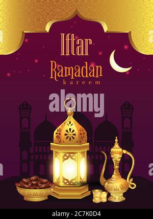 Lanterne iftar, théière et dattes fruits de palme placés sur plateau doré Ramadan Kareem ou Eid Mubarak Design Background. Illustration de Vecteur