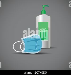 Gel d'alcool pour les mains assainisseur et masque hygiénique ou chirurgical jetable sur fond gris . Illustration vectorielle . Illustration de Vecteur