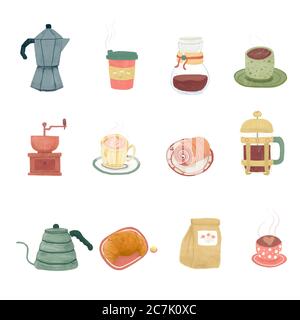 kit d'illustration d'équipement de café aquarelle, idée d'autocollant, journal imprimé Banque D'Images