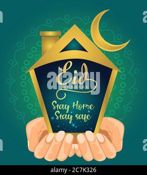 Rester à la maison rester en sécurité avec deux mains et une maison. Illustration du vecteur de Ramadan Kareem. Illustration de Vecteur