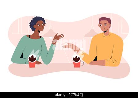 Couple interracial ayant un café dans un café ou un café, petite amie africaine et petit ami blanc à la date, s'enjoindre l'entreprise de l'autre Illustration de Vecteur