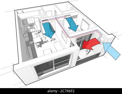 Vue en perspective d'un appartement 1 chambre, entièrement meublé avec 2 conditoner d'air mural intérieur et emplacement d'unité externe sur le balco Illustration de Vecteur