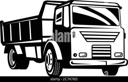 Illustration rétro en noir et blanc de style boisés d'un camion à benne basculante ou benne basculante, vue d'un côté à angle bas d'isol Illustration de Vecteur