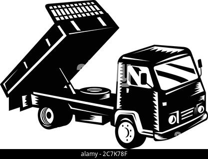 Illustration rétro en noir et blanc de style boisés d'un camion à benne basculante ou benne basculante, vue d'un grand angle sur le côté en iso Illustration de Vecteur