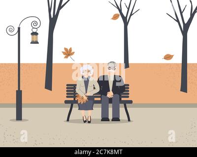 Des aînés heureux de famille dans le parc d'automne. Un homme et une femme âgés souriants sont assis sur un banc dans le parc. Couple âgé à la retraite amoureux. Automne Illustration de Vecteur