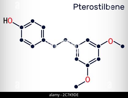 Pterostilbene, molécule de stilbenoïde. Il joue un rôle de métabolite, d'antioxydant, d'agent antinéoplasique, de neurotransmetteur. Formule chimique du squelette. VVecto Illustration de Vecteur