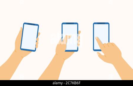 Main tient le téléphone, appuie et pointe un doigt vers un téléphone mobile, illustration vectorielle plate Illustration de Vecteur