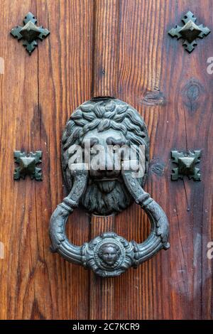 Une porte de tête de lion en bronze sur une porte en bois à Callejón de las Flores, Cordoue Banque D'Images