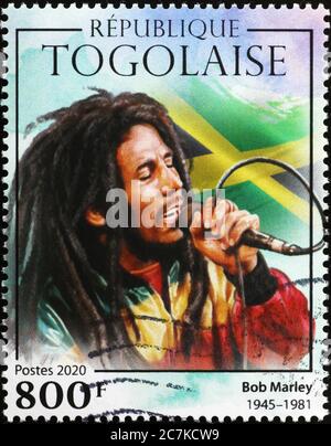 Bob Marley en concert sur le timbre du Togo Banque D'Images