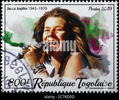 JJanis Joplin à Woodstock sur timbre-poste du Togo Banque D'Images