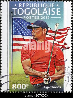 Portrait de Tiger Woods sur le timbre du Togo Banque D'Images