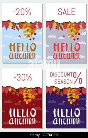 Set cartes Hello automne, saison de réduction, fond avec feuilles tombant, jaune, orange, marron, automne, lettrage, modèle pour affiche, bannière, vecteur Illustration de Vecteur