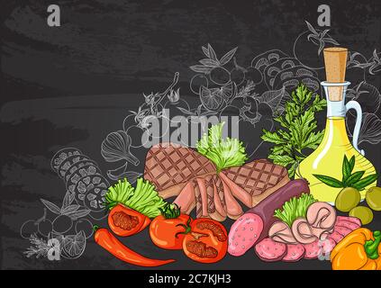 Encore la vie avec de la viande grillée, des saucisses et des légumes sur un tableau à craie avec un croquis. Illustration vectorielle dessinée à la main. Modèle d'affiche pour le menu, Banque D'Images