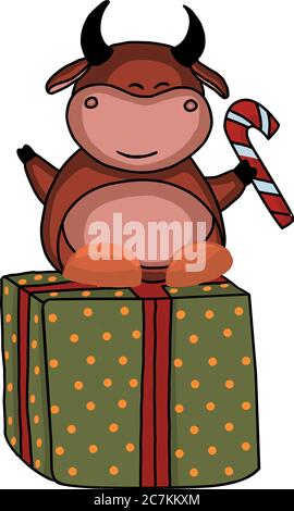 Le taureau est le symbole de 2021. Carte postale des fêtes de fin d'année. Illustration du joli bœuf Illustration de Vecteur