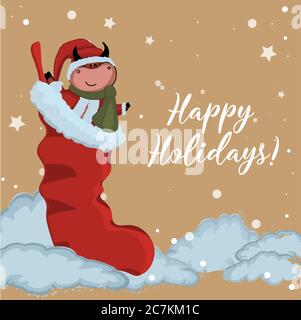 Carte d'hiver avec animaux. Caractère Bull. fond de noël. Joyeuses fêtes. Animaux mignons. Illustration vectorielle Illustration de Vecteur