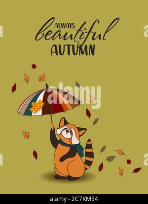 panda rouge, feuilles en chute, nourriture confortable, noix, champignons et citrouille. Collection de scrapbook d'éléments de saison d'automne. Kit brillant pour la récolte. Automne Illustration de Vecteur