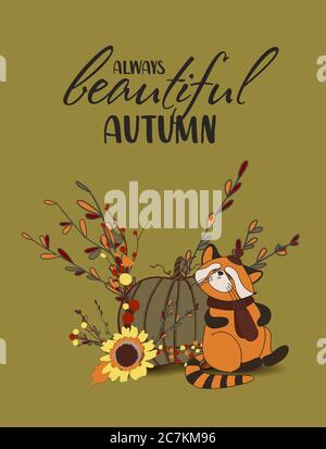 panda rouge, feuilles en chute, nourriture confortable, noix, champignons et citrouille. Collection de scrapbook d'éléments de saison d'automne. Kit brillant pour la récolte. Automne Illustration de Vecteur
