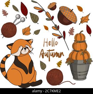 Autocollants d'automne. Ensemble de personnages de dessin animé d'automne, plantes et nourriture. Saison d'automne. Collection d'éléments de scrapbook pour la fête, le festival de récolte ou Illustration de Vecteur