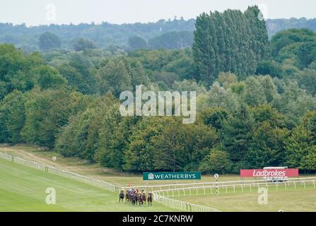 Coureurs et cavaliers en action tout au long de l'année les mises de filies de l'année au champ de courses de Newbury. Banque D'Images