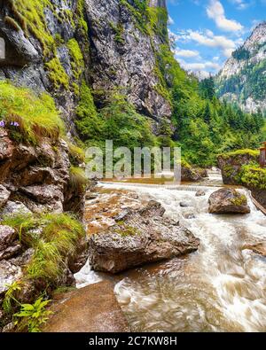 Rivière de montagne rapide à Bicaz Canyon/Chaile Bicazului. Scène impressionnante de la rivière de grandes falaises et rochers du comté de Neamt, Roumanie, Carpathian Mountains, Banque D'Images