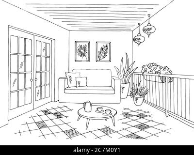 Dessin d'intérieur graphique de balcon noir blanc, illustration vectorielle Illustration de Vecteur