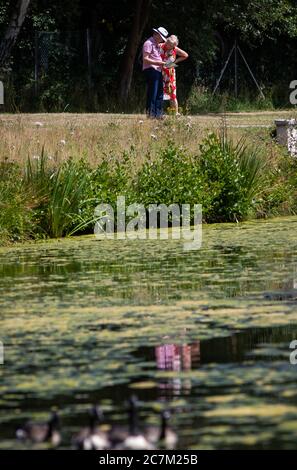 Les gens apprécient le temps ensoleillé à Painshill, jardin paysager du XVIIIe siècle à Cobham, Surrey. Banque D'Images