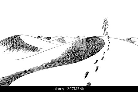 Homme marchant dans le désert graphique noir blanc paysage esquisse illustration vecteur Illustration de Vecteur