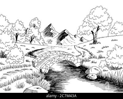 Pont graphique rivière noir blanc paysage dessin vecteur d'illustration Illustration de Vecteur