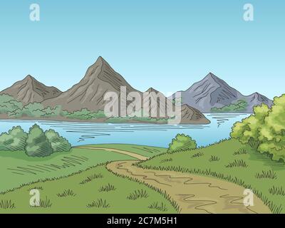 Mountain Lake Road graphique couleur paysage esquisse illustration vecteur Illustration de Vecteur