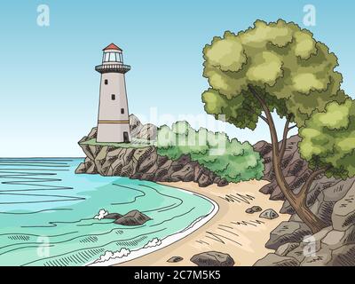 Phare mer côte graphique couleur paysage esquisse illustration vecteur Illustration de Vecteur