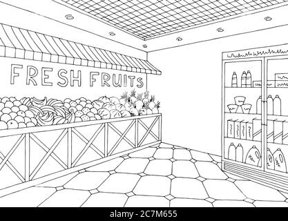 Épicerie intérieur magasin noir blanc dessin graphique illustration vecteur Illustration de Vecteur