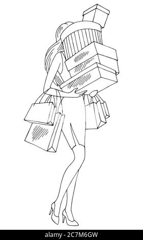 Femme après avoir fait du shopping boîtes de transport et sacs graphique noir blanc isolé croquis vecteur d'illustration Illustration de Vecteur