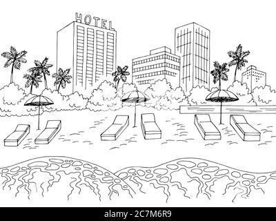 Ville plage graphique noir blanc paysage dessin illustration vecteur Illustration de Vecteur