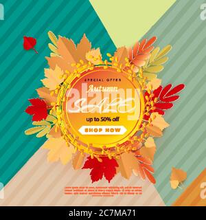 Bannière à vendre de l'automne avec des feuilles d'automne colorées pour la promotion des réductions. La vente d'automne. Illustration de Vecteur