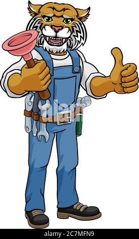 Poussoir Wildcat Plumber Cartoon Mascot Holding Illustration de Vecteur