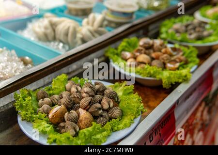 Fruits de mer crus sur plaque sur le marché du nord de la Thaïlande Banque D'Images