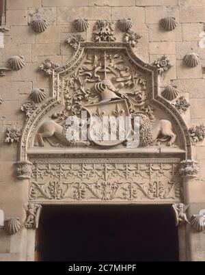 ESCUDO MALDONADO Y DINTEL DE LA PUERTA DE LA FACHADA PRINCIPAL DE LA CASA DE LAS CONCHAS - SIGLO XVI - DESPUE DE RESTAURAR. EMPLACEMENT : CASA DE LAS CONCHAS. SALAMANQUE. ESPAGNE. Banque D'Images