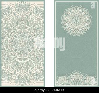 Ensemble d'invitations de mariage ou de cartes de vœux avec mandala floral en vert et beige. Carte de visite. Carte postale. Éléments décoratifs vintage. Vecteur. Illustration de Vecteur