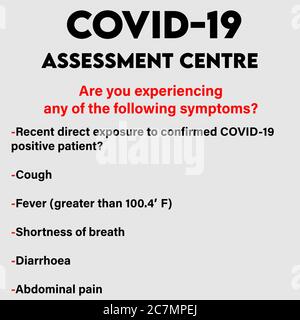 Covid19 Centre d'évaluation Avis avec liste des symptômes du coronavirus. Illustration de Vecteur