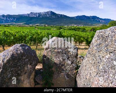 Dolmen de San Martin à Laguardia dans la Rioja Alavesa avec la Sierra de Cantabria en arrière-plan. Alava, pays basque, Espagne, Europe Banque D'Images