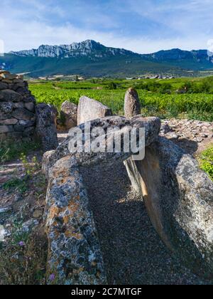 Dolmen de San Martin à Laguardia dans la Rioja Alavesa avec la Sierra de Cantabria en arrière-plan. Alava, pays basque, Espagne, Europe Banque D'Images