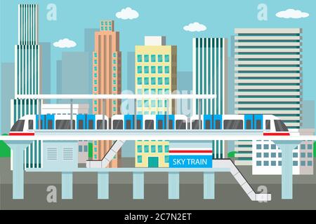 Métro ou station de métro, métro de la ville, vue sur la ville avec gratte-ciel sur l'arrière-plan, illustration vectorielle plate. Illustration de Vecteur