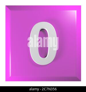 Bouton carré rose violet numéro 0 sur fond blanc - illustration du rendu 3D Banque D'Images