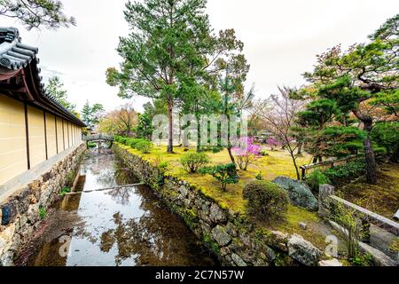 Canal de la rivière Arisu dans le quartier résidentiel de Kyoto à Arashiyama avec fleurs roses de printemps le long de l'eau avec personne en avril et historique t traditionnel Banque D'Images