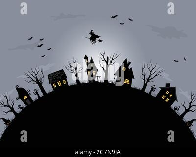 Arrière-plan de Halloween. Village effrayant. Silhouettes noires de maisons et d'arbres sur fond gris. Il y a aussi des chauves-souris et une sorcière sur un bâton de poulet à griller ici Illustration de Vecteur