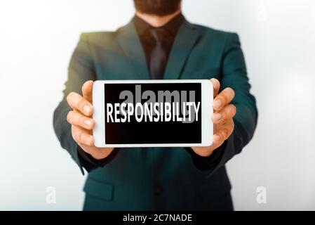 Affiche textuelle indiquant la responsabilité. Photo d'entreprise présentant la condition ou la réalité qui doit faire face à quelque chose modèle affichant écran noir mod Banque D'Images
